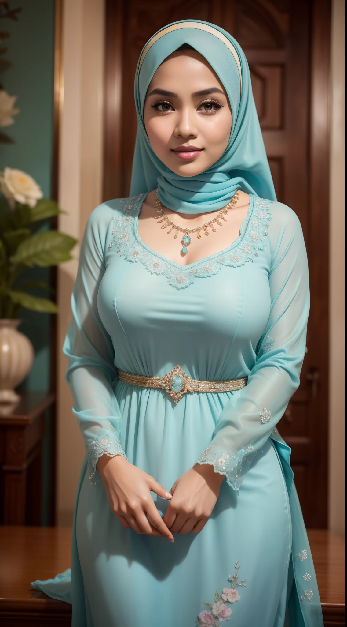 RAW, Best quality, high resolution, masterpiece: 1.3), beautiful Malay woman in hijab (iu:0.8)1beautiful Malay woman ,beautiful face, watery eyes, perfect lips, big eyes, wearing (long sleeves, vintage dress, floral, cyan)), accessories ((diamond necklace)), gigantic breast, big boobs, classic house, soft smiling,