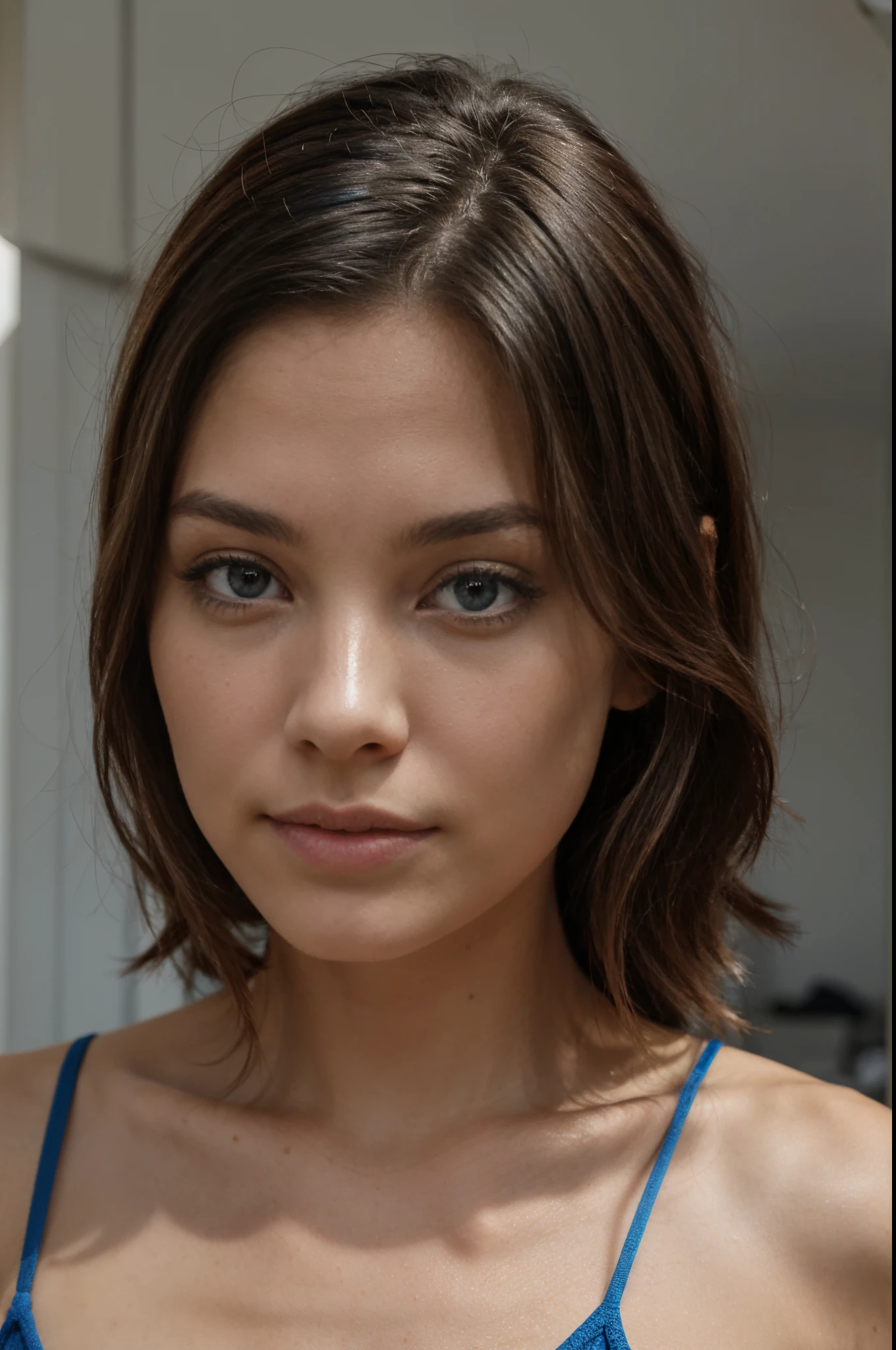 peau lisse et belle, Lightly made up, cheveux courts de couleur bleu,