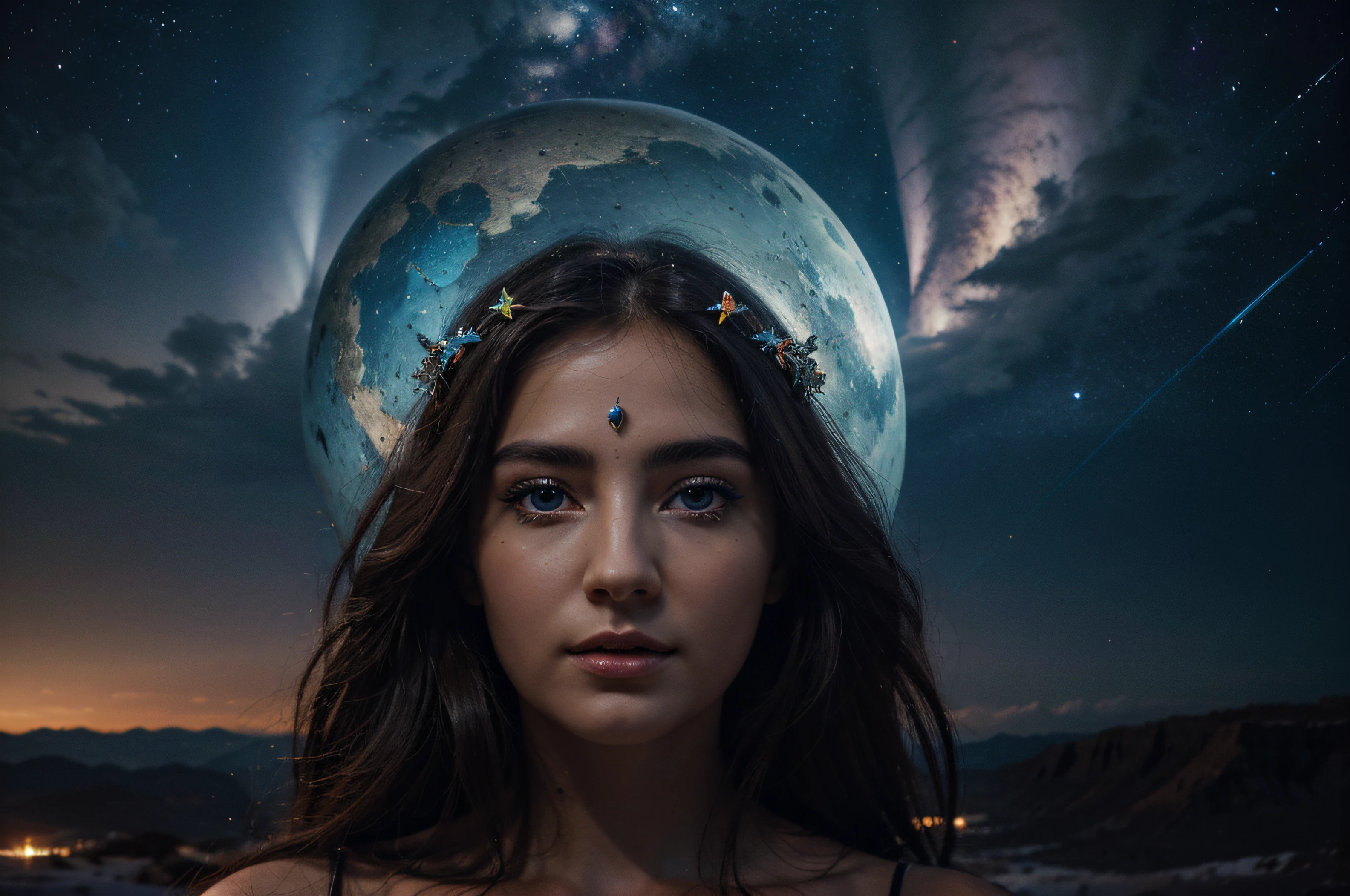 best qualtiy,ultra - detailed,Most Best Illustration,Best shadow,tmasterpiece,A high resolution,professionalartwork,famousartwork),Detailed night sky,beautidful sky,sci-fy,colored sclera,,Cosmic light,Space ,extremly high detail,3 d goddess landscape,Extremely detailed footage of the goddess,a stunning landscape of a goddess,goddess of space and time
