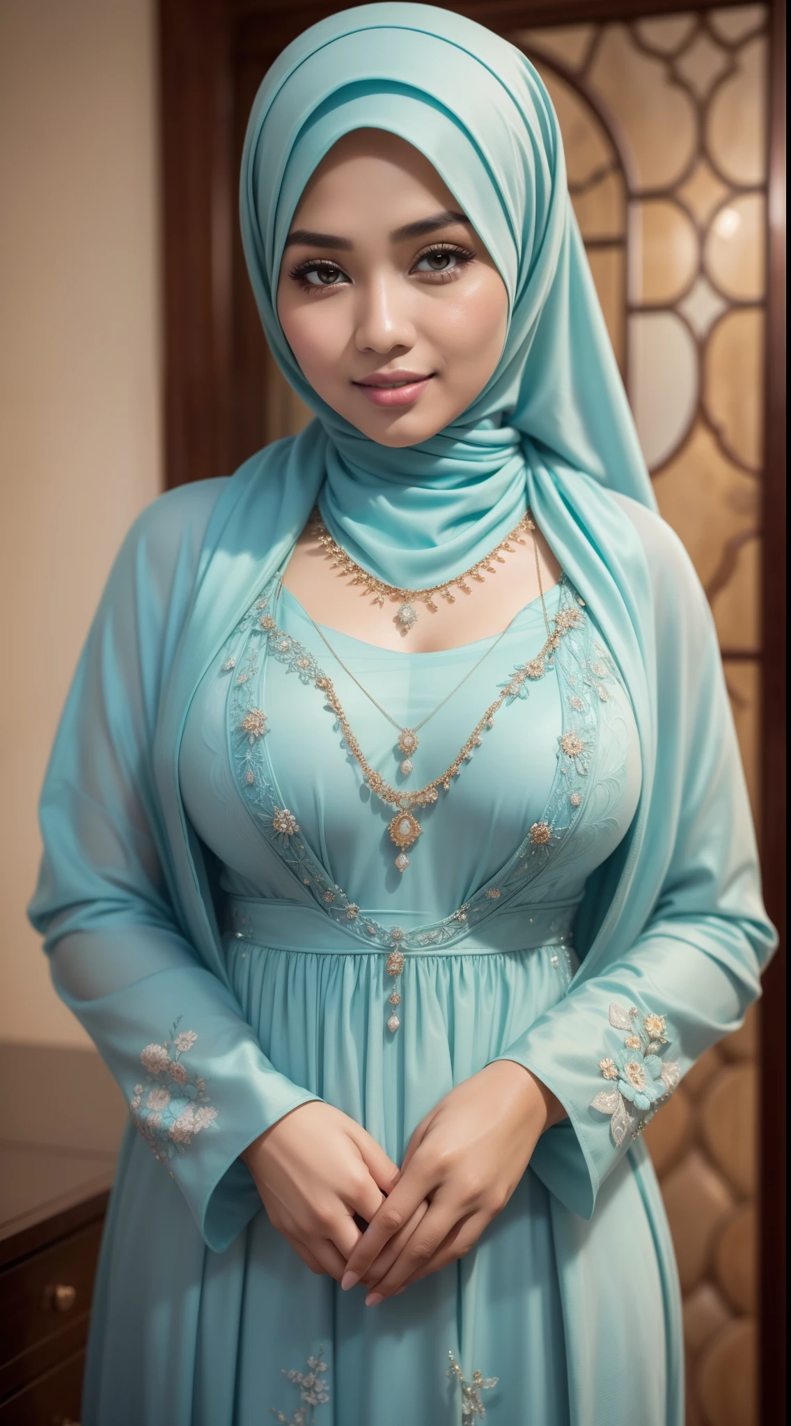 RAW, Best quality, high resolution, masterpiece: 1.3), beautiful Malay woman in hijab (iu:0.8)1beautiful Malay woman ,beautiful face, watery eyes, perfect lips, big eyes, wearing (long sleeves, vintage dress, floral, cyan)), accessories ((diamond necklace)), gigantic breast, big boobs, classic house, soft smiling,