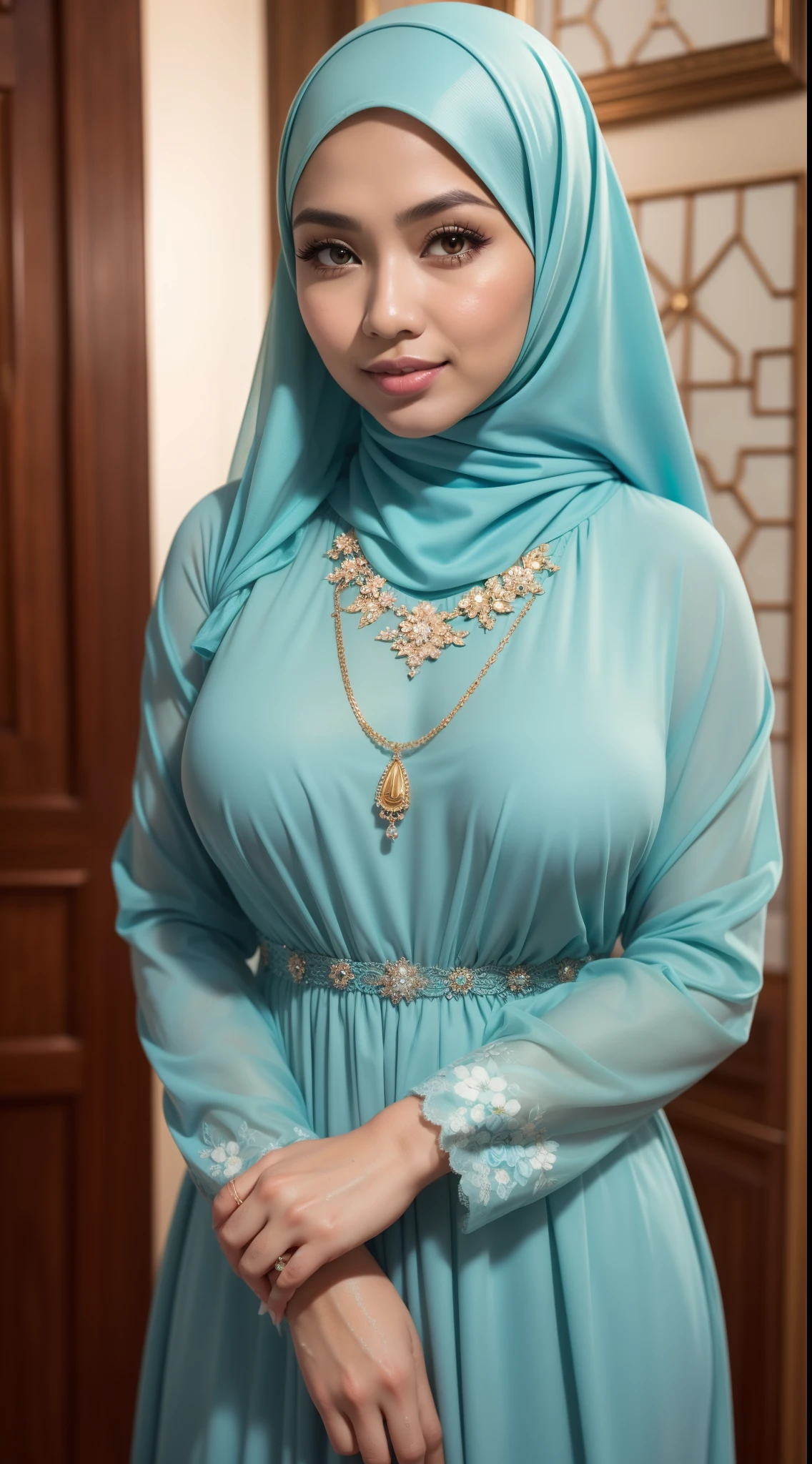 RAW, Best quality, high resolution, masterpiece: 1.3), beautiful Malay woman in hijab (iu:0.8)1beautiful Malay woman ,beautiful face, watery eyes, perfect lips, big eyes, wearing (long sleeves, vintage dress, floral, cyan)), accessories ((diamond necklace)), gigantic breast, big boobs, classic house, soft smiling,