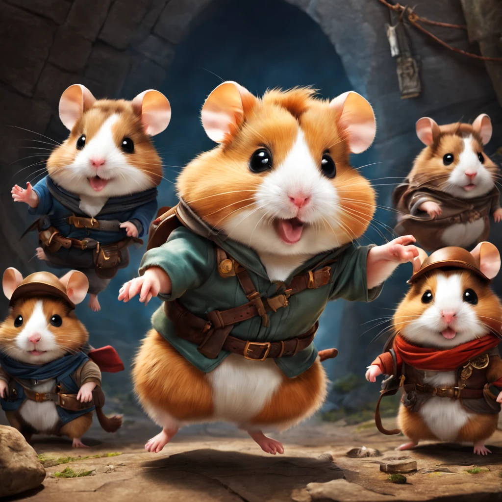Movie Posters:hamster adventure,A cute hamster dressed as an adventurer jumps,fellow hamsters,Draw the shadow of the villain in the background,cute little,sano,Naughty,Fluffy hamsters,Adventurer&#39;s clothes details,Anatomically correct,,,Mirror the whole,Fantasia,