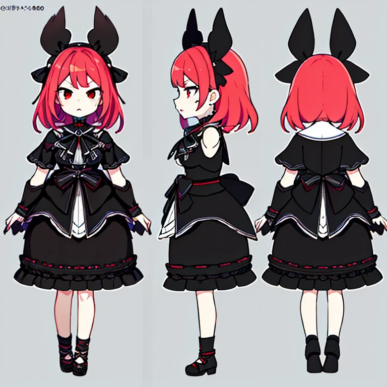 Chara Sheet,character reference sheet, 1 girl, CharacterDesignSheet, ((front-facing view, from side view)) symmetrical elements in clothing, Clothes simulation detection similar to CLO, Awesome designer, full body Esbian,8K分辨率, Ultra HD image output,angelicales,brown and red gradation hair,Watercolor style,Black Goth ta,Black headdress,Lack of sleep,Wrinkles under the eyes