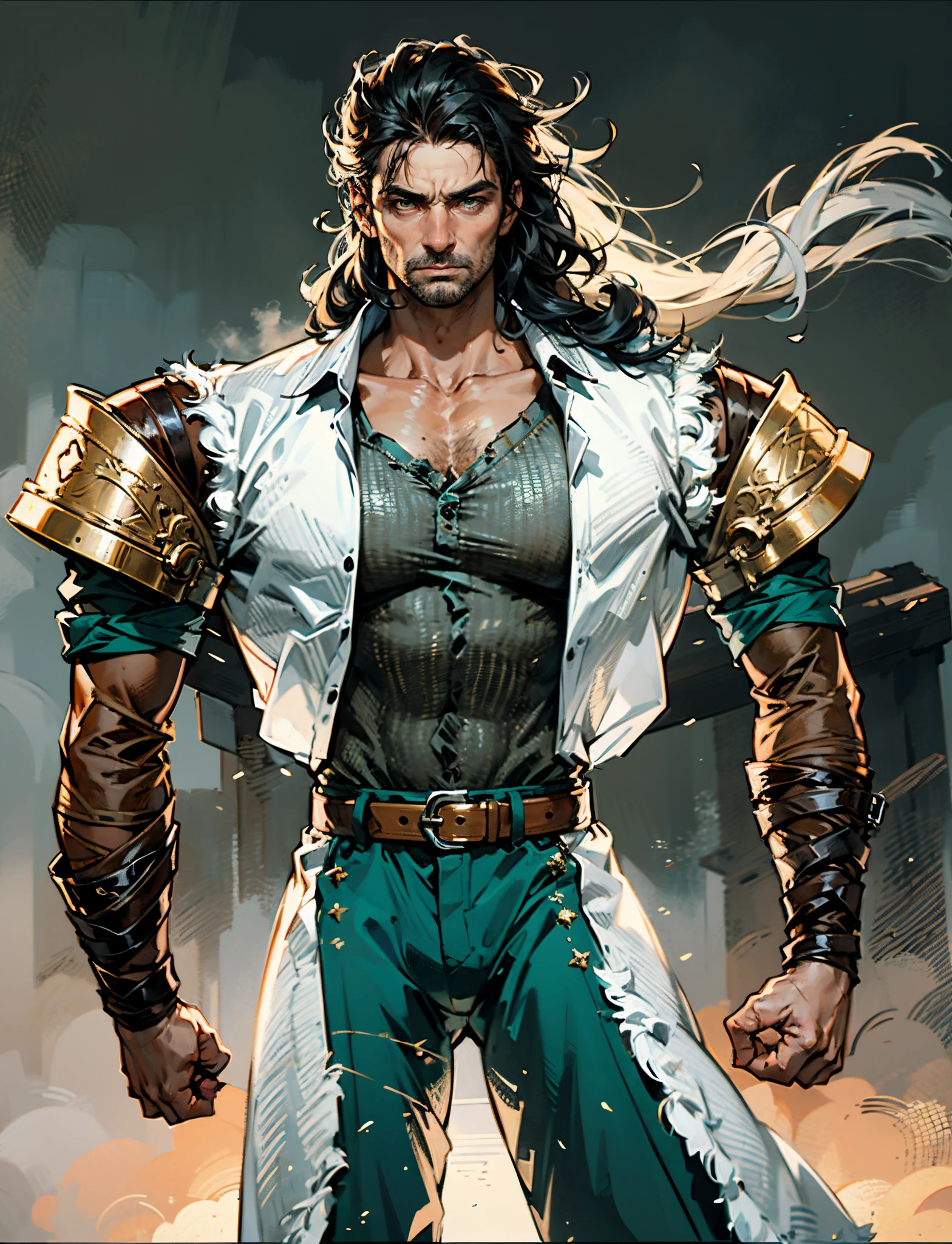 A middle-aged man, long teal hair, wild and disheveled hairstyle, determined gaze, a serious expression, noble features, some stubble, a simple fantasy-style two-piece hunter outfit, a short-sleeved gray shirt, a brown fur-lined coat, a cloth belt cinches his waist, ribbons wrap around his entire arm, coarse fabric pants, stands proudly atop a mountain peak, this character embodies a finely crafted fantasy-style hunter in anime style, exquisite and mature manga art style, high definition, best quality, highres, ultra-detailed, ultra-fine painting, extremely delicate, professional, anatomically correct, symmetrical face, extremely detailed eyes and face, high quality eyes, creativity, RAW photo, UHD, 8k, Natural light, cinematic lighting, masterpiece-anatomy-perfect, masterpiece:1.5