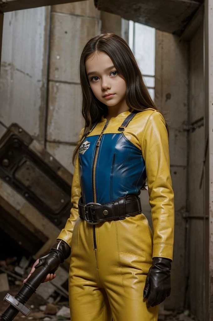 13 year old girl wearing (vaultsuit with pipboy3000 on wrist) standing in a ruined city, holding a large fallout weapon, giant slater fallout insect in background, professionally color graded, professional photography, well drawn, masterpiece, hyper realistic, ultra detailed, high quality, best quality, 4k, 8k, raw, detailed and realistic eyes, petite, ************, tweens, cute, ((****)) ((wearing long leather gloves))