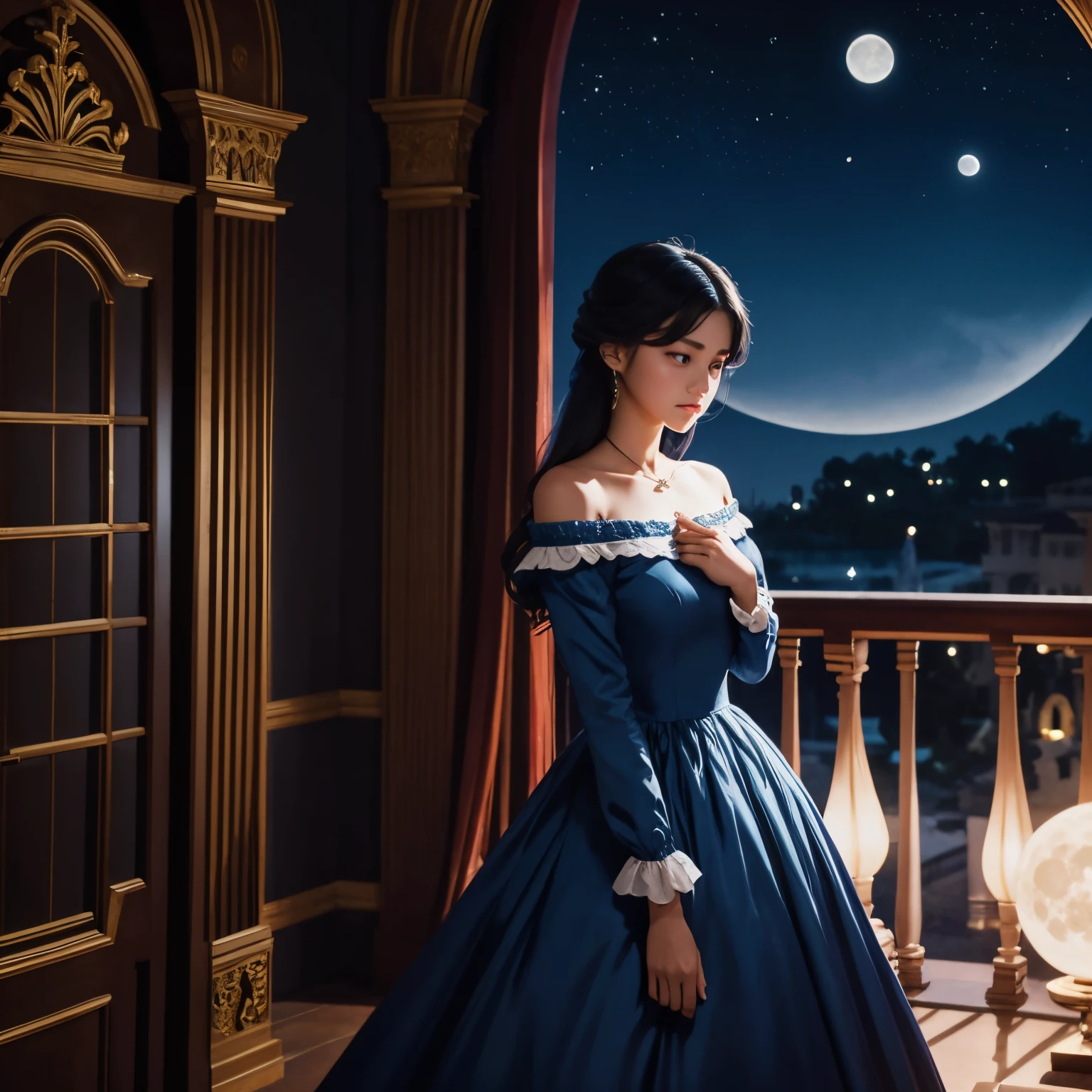 disney style, girl with beautiful long dress blue, in mansion while crying stare at the moon