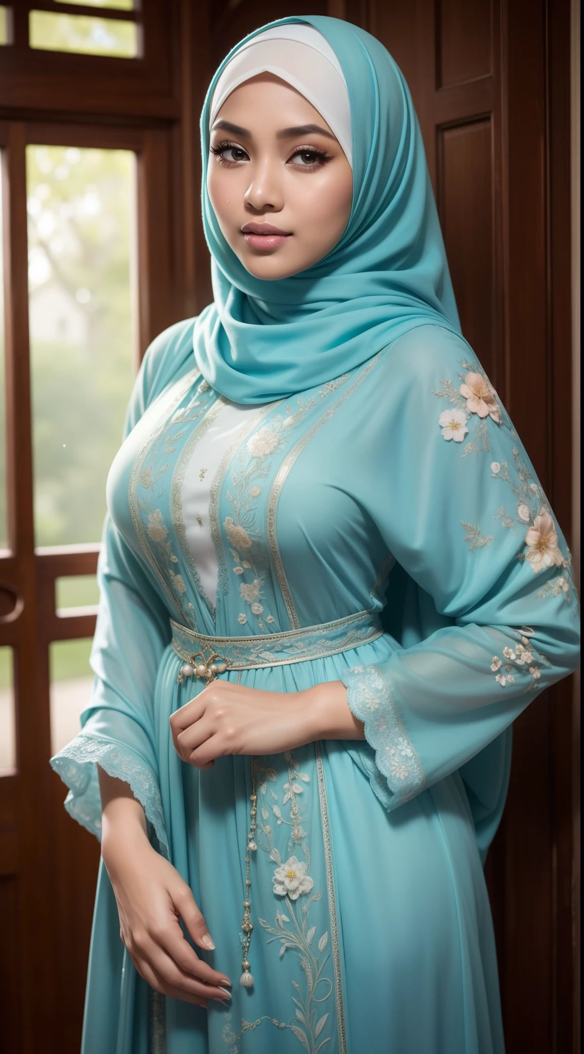 RAW, Best quality, high resolution, masterpiece: 1.3), beautiful Malay woman in hijab (iu:0.8)1beautiful Malay woman ,beautiful face, watery eyes, perfect lips, big eyes, wearing (long sleeves, vintage dress, floral, cyan)), accessories ,gantic breast, big boobs, classic house, soft smiling,