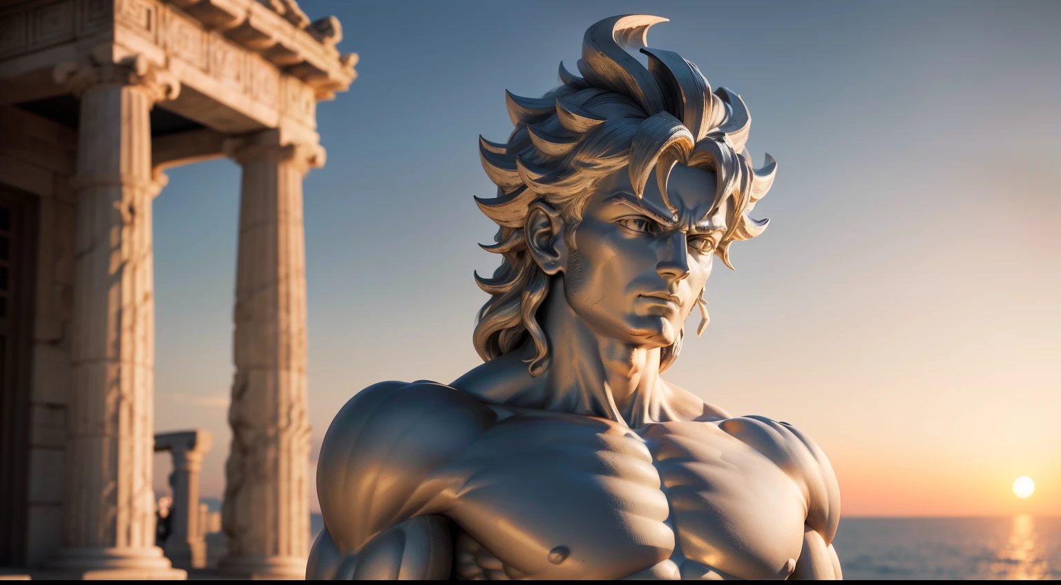 Silver statue Greek Stoicism, Goku with muscles, colunas colunas de concreto da grecia antiga ao Fundo, with sunset on his face, 8k