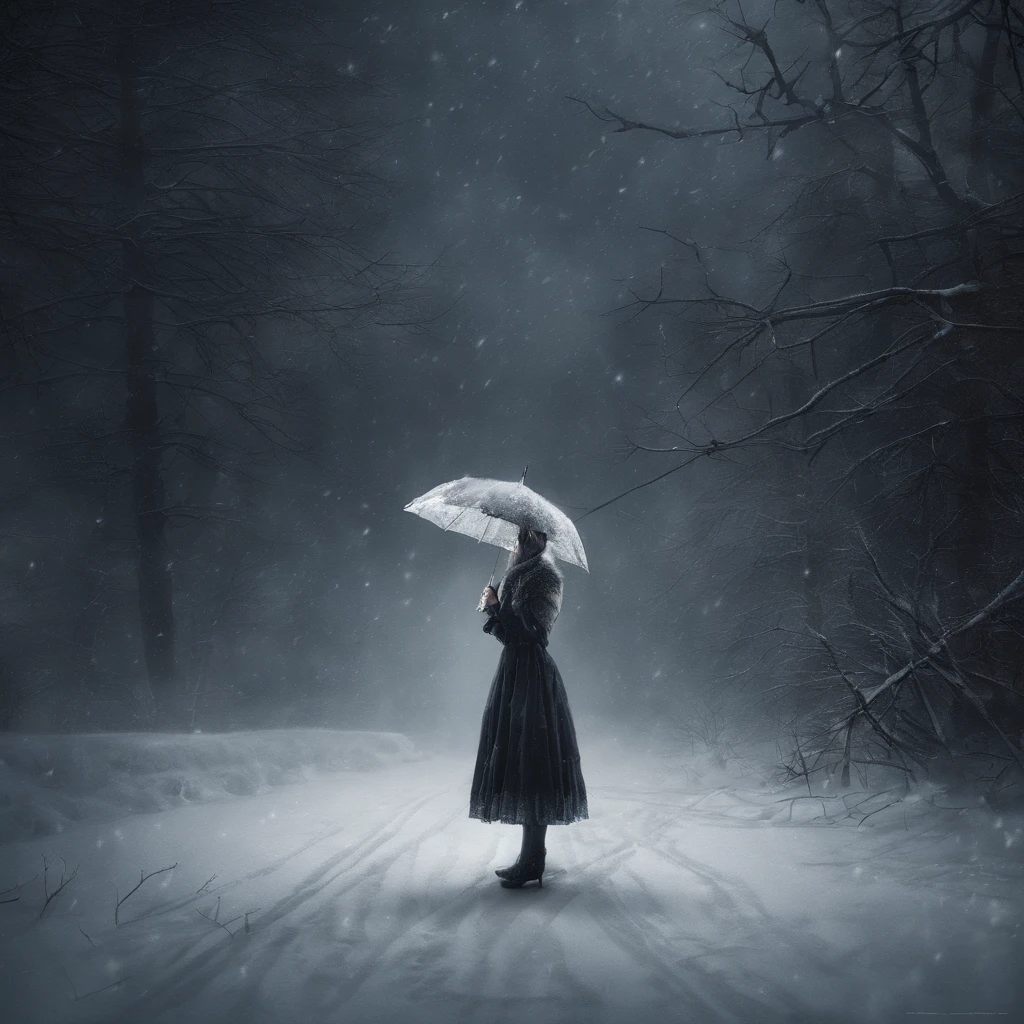 A girl in a winter night, standing on a snowy ground with a pedestrian walkway. She is holding a white umbrella, dressed in a long white dress. The scene is captured from a far distance. The snow on the ground adds a serene ambiance to the image. The white umbrella contrasts with the dark night, creating a captivating visual effect. The girl's dress dances in the wind, adding a sense of grace and movement. The snowflakes falling from the sky create a dreamy atmosphere. The image is of the best quality, with ultra-detailed features and a realistic, photorealistic style. The colors are vivid and the lighting highlights the beauty of the winter scene.