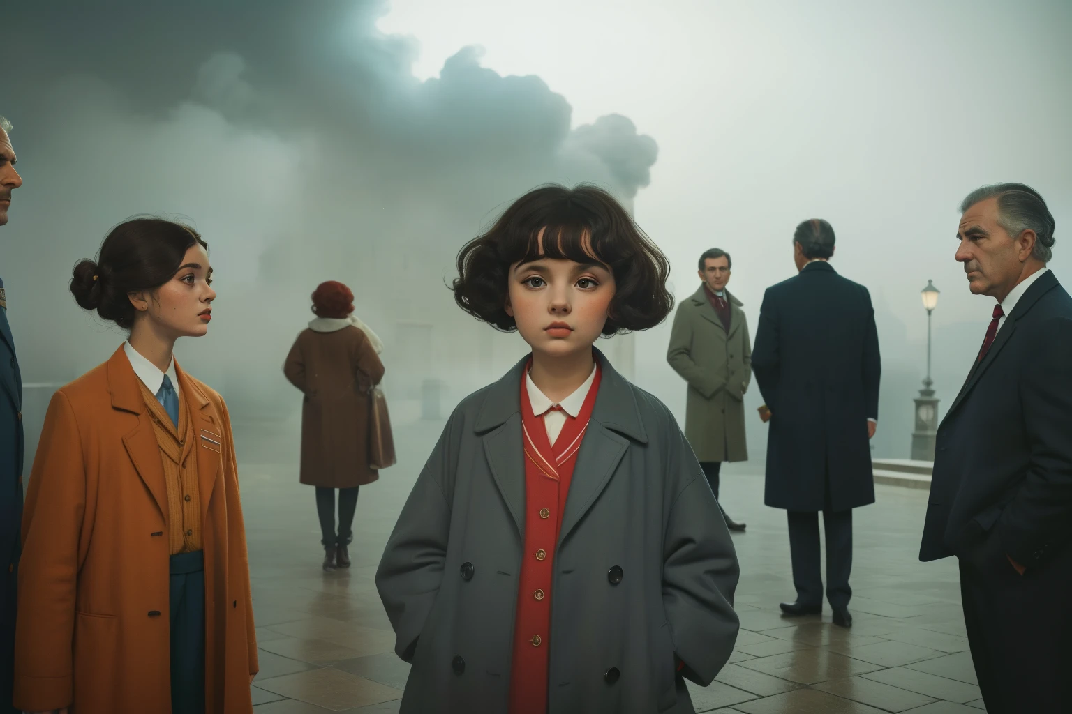 1965, Italy. Pre-raphaelite ((((-yeld)) o)), homeless girl, messy short curly hair, oversized coat, ((((big and unkempt Clothing from the 1960s)))), ((curly Hairstyle of the 1960s)), ((Wes Anderson cinematic style)), colorful. Surrounded by evil (((grey men))) in grey suits, smoke, fog, sinister. Italian plaza. Nighttime.