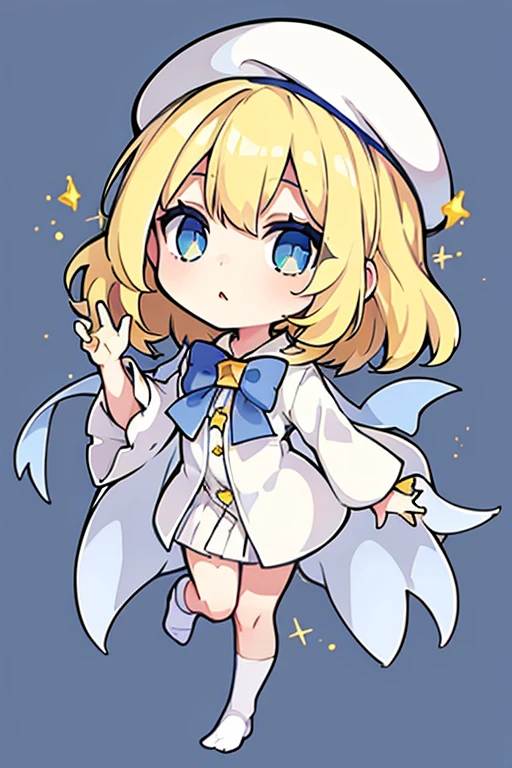 yellow hair,robe blanche,e Blue Eyes,Star Accessories,Blue bow tie,White beret(Comes with a blue bow),starryskybackground,Q version,stand up,full body Esbian