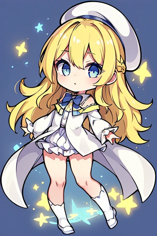 yellow  hair，robe blanche，e Blue Eyes，Star Accessories，Blue bow tie，White beret（Comes with a blue bow），starryskybackground，Q version，stand up，full body Esbian