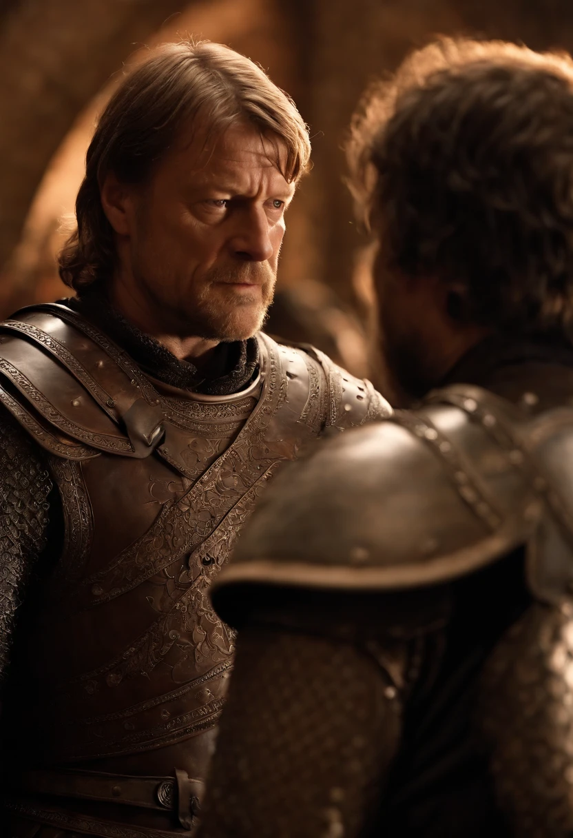 A photo of Ned carefully inspecting the armor of a young squire in the castle armory,Game of Thrones TV series,Ned is an older man with light brown hair streaked with grey, wears plain leather tunics, famously portrayed by Sean Bean, male