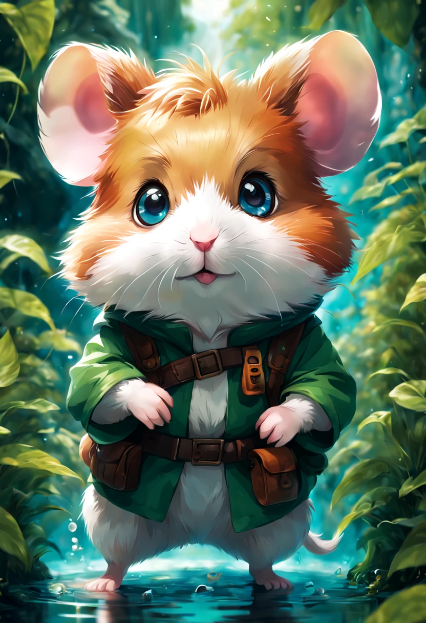 anime style,(hamster),(adventurer costume),fluffy fur,((beautiful detailed eyes)),playful,sharp focus,vivid colors,adorable illustrations,lush greenery,water reflection,detailed fur,stylized artworks,hamster in action,cartoonish,(anime eyes),lighting effects,depth and volume,dynamic poses,bright colors,resplendent hues,contrasting tones,fantasy world,mysterious setting,highly detailed characters,lively and energetic ambiance