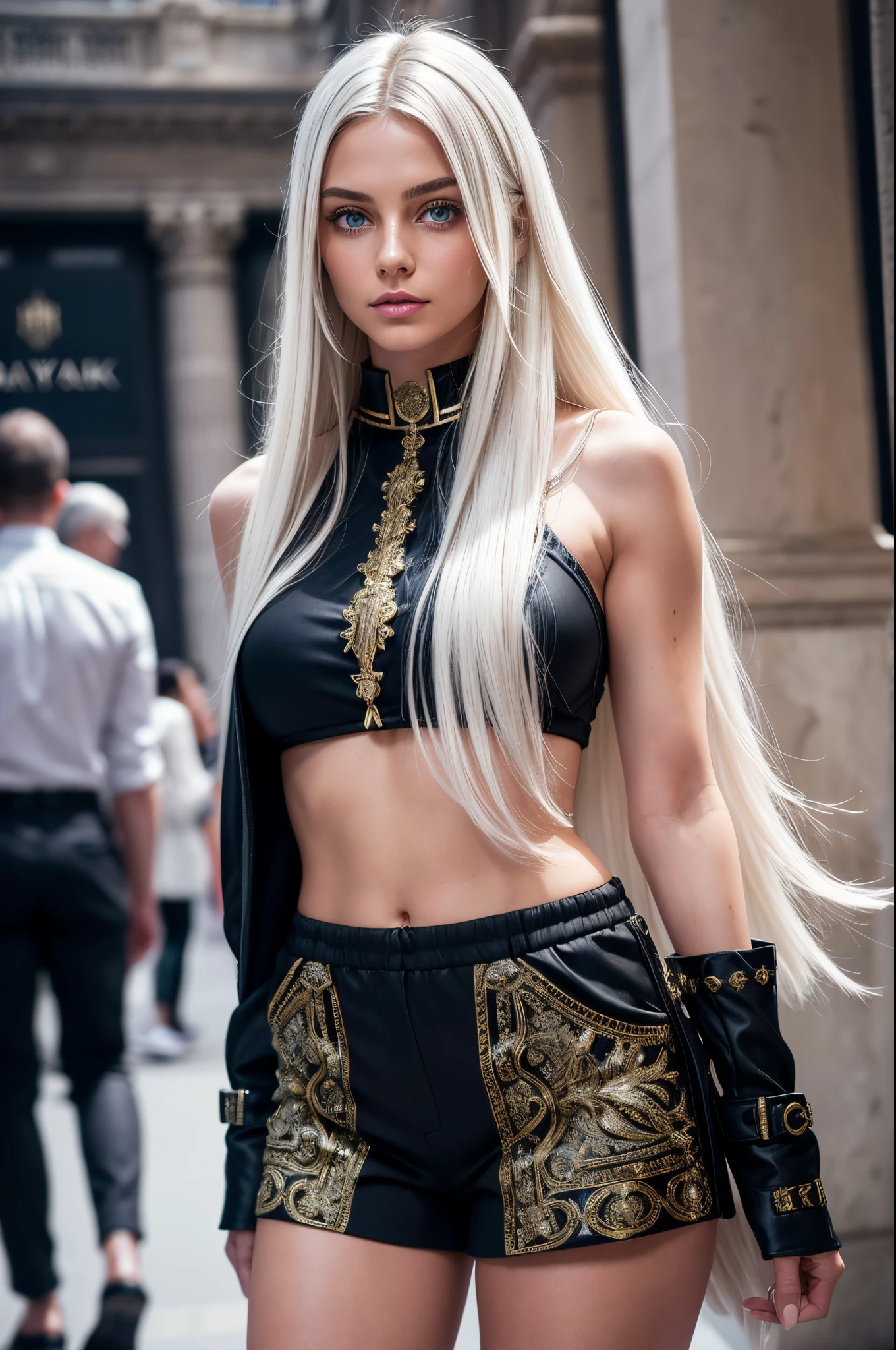 Masterpiece, highlydetailed, Hyperrealistic shot of beautiful geisha female with blond bob-cut, hair-bun, hairpins, perfect face features with seductive look and charming smile, perfect body shape curvy, thick and muscular body, oni horns