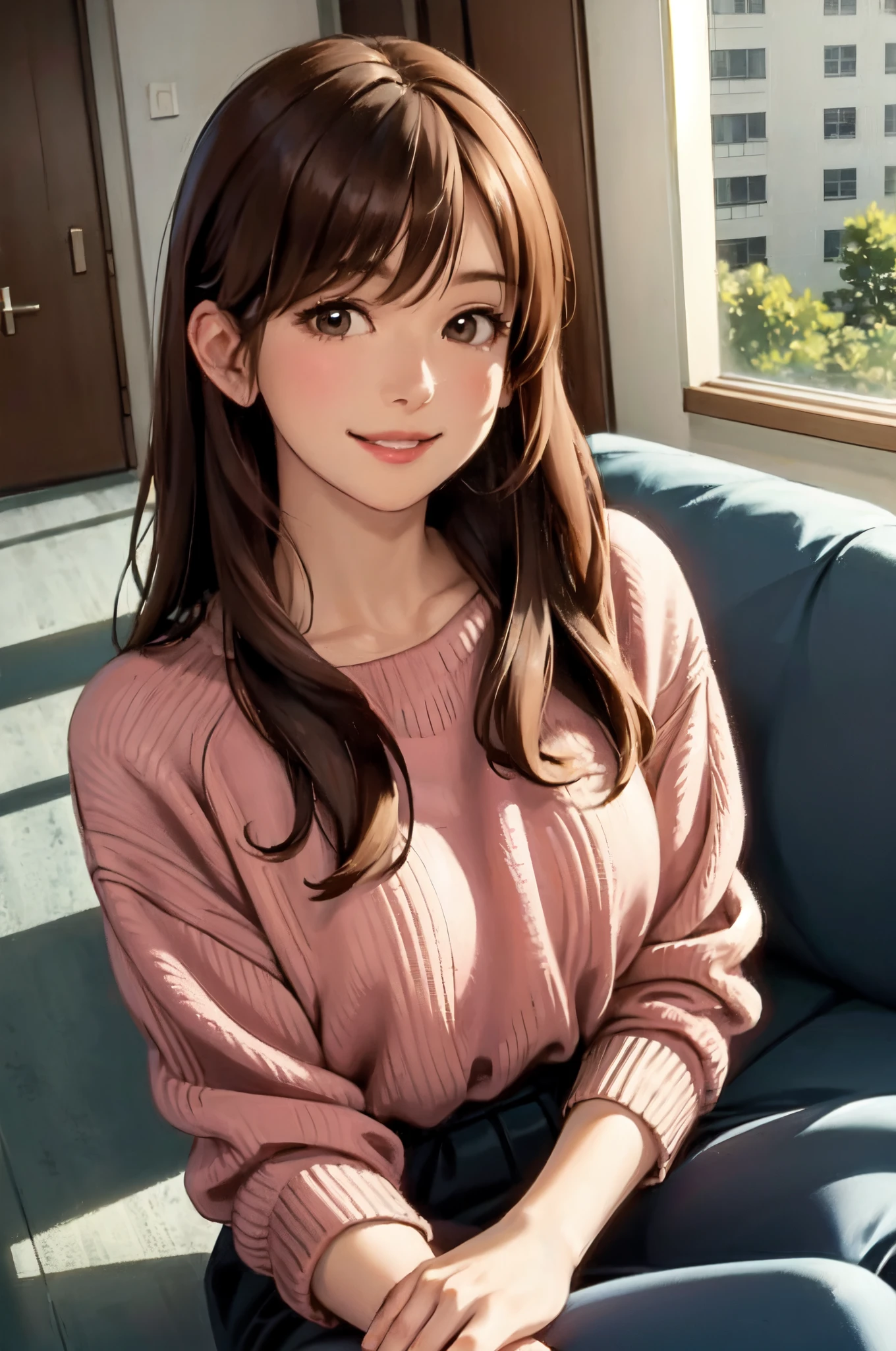 1lady standing, /(oversized sweater/) v-neck, mature female, /(brown hair/) bangs, blush kind smile, (masterpiece best quality:1.2) delicate illustration ultra-detailed, large breasts pantyhose BREAK /(modern house living room/) indoors