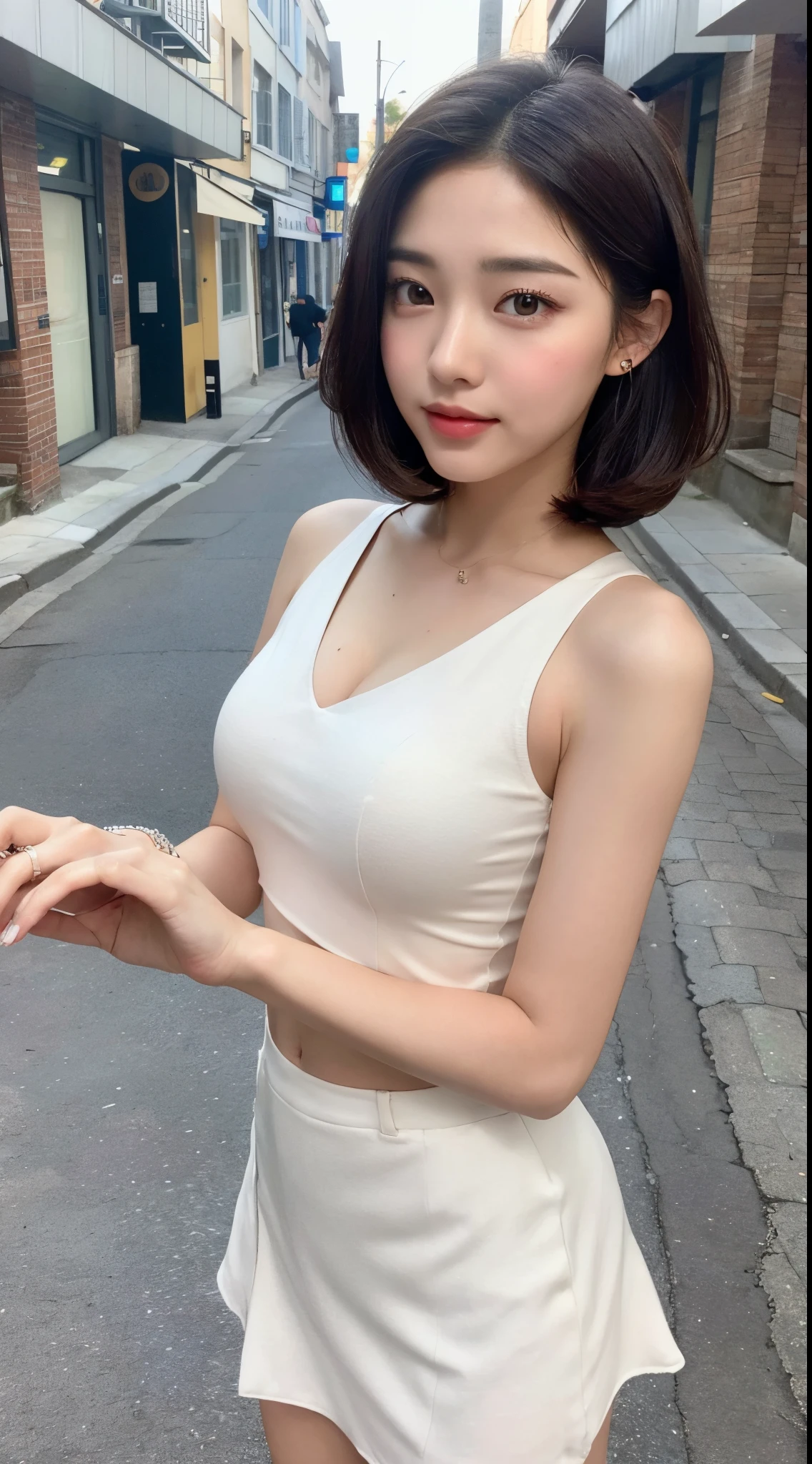 ((Best quality at best,8K,tmasterpiece:1.3)),Perfect beauty:1.4,Gluteus:1.2,(Layered Hair Style:1.2)),(the street:1.3),Highly Detailed Face and Skin Textur,Full body lesbian,Elaborate Eyes,二重まぶた,Whitening Skin,Short wave hair,Cute Korean beauty(with a round face:1.5),(Black top,short skirt:1.6)ssmile
