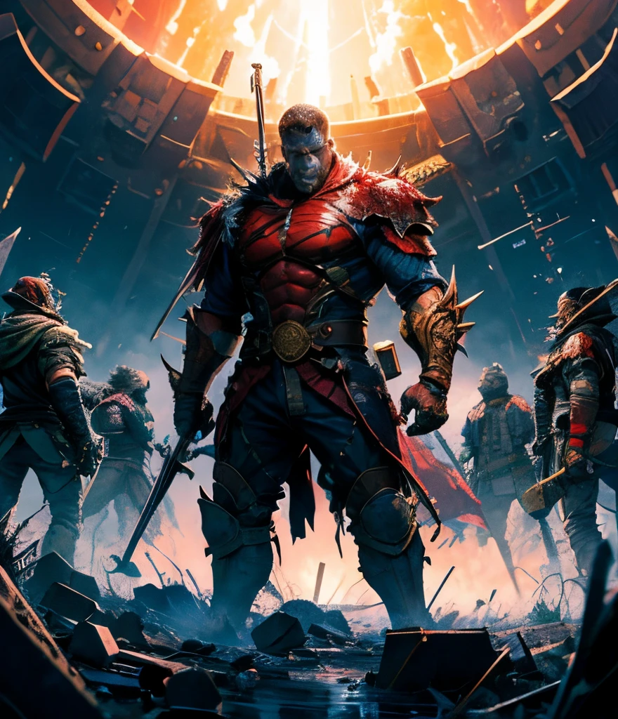 A strong man in damage condition stand with victory with war background