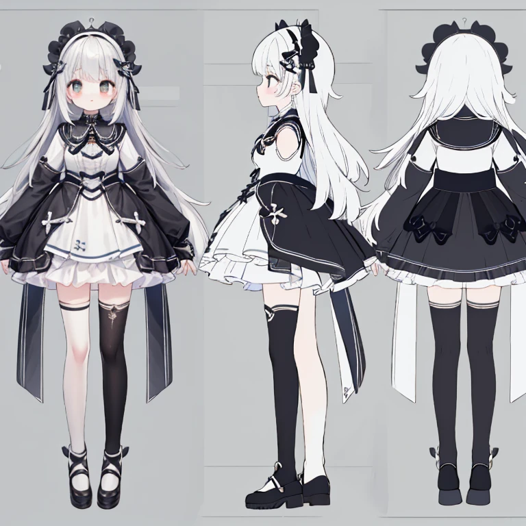 Chara Sheet,character reference sheet, 1 girl, CharacterDesignSheet, ((front-facing view, from side view)) symmetrical elements in clothing, Clothes simulation detection similar to CLO, Awesome designer, full body Esbian,8K分辨率, Ultra HD image output,Watercolor style,Black Goth Lolita,Black headdress,Ice attribute