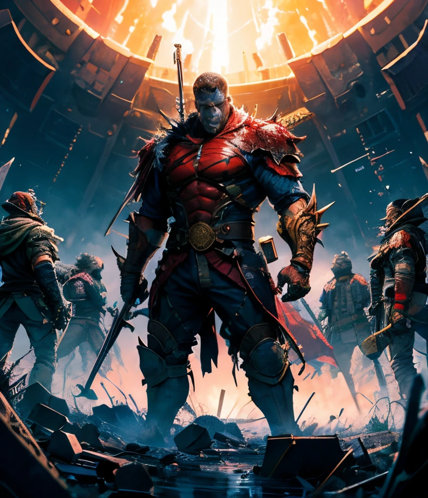 A strong man in damage condition stand with victory with war background