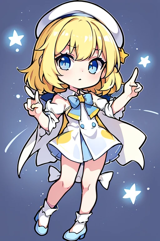 yellow  hair，robe blanche，e Blue Eyes，Star Accessories，Blue bow tie，White beret（Comes with a blue bow），starryskybackground，Q version，stand up，full body Esbian, hand finger details