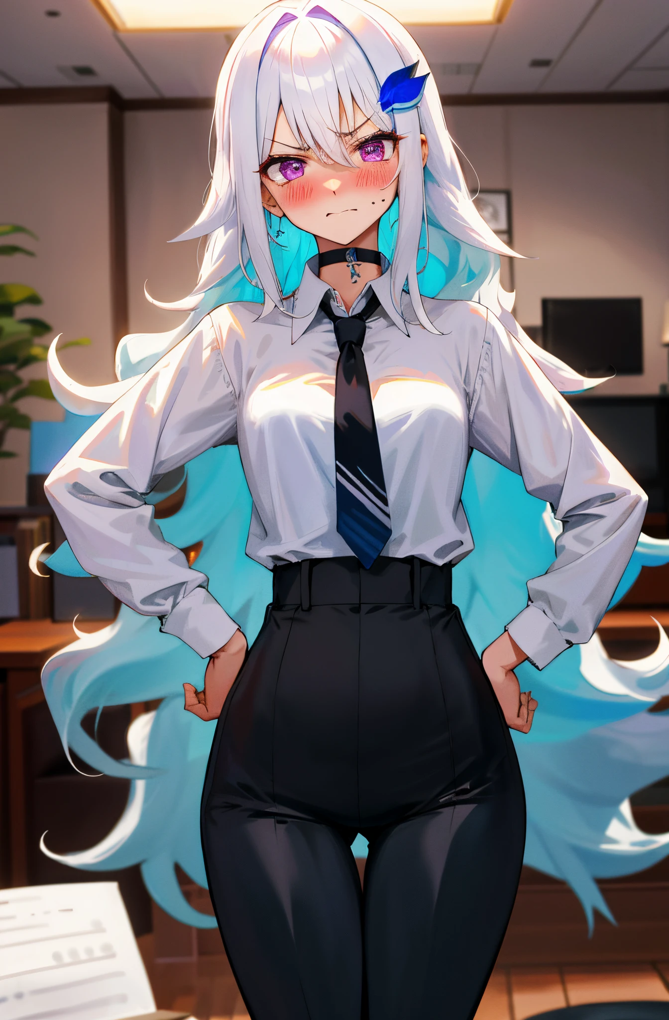 One girl with long wavy hair, white hair, blue inner hair, purple eyes, looking at viewer, embarrassed, blushing, angry, indoor, living room, suit, white shirts, black necktie, tight black pants, tight, hips, office lady, thigh, slim, dizzy, choker, mid-chest, wide hips, perfect waist, spread legs, night atmosphere, hair ornament, standing, hands on hip, (embarrassed:1.0)