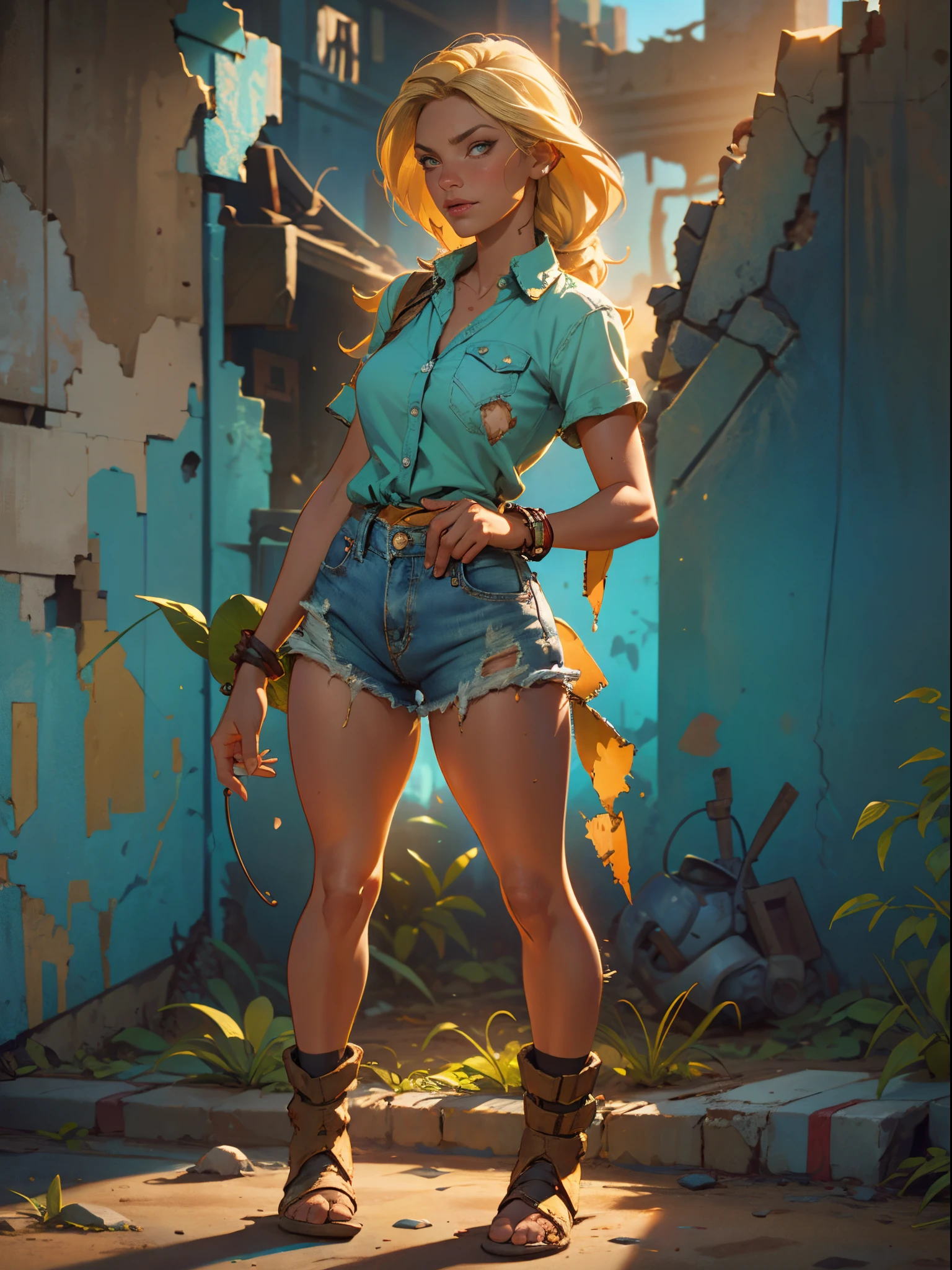 2076 year. The Urban Ruins of the Wasteland, Female huntress picking fruit in the garden, beautiful face, blonde, badly torn shirt and denim shorts , long legs, sweating through, sun rising, Nice warm colors, head to toe, full body shot, pretty hands, perfect fingers,