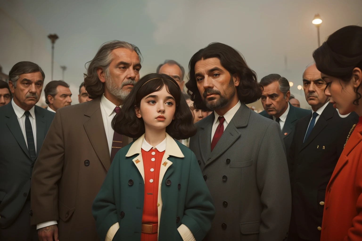 1965, Italy. Pre-raphaelite ((((-yeld)) o)), homeless girl, messy short curly hair, oversized coat, ((((big and unkempt Clothing from the 1960s)))), ((curly Hairstyle of the 1960s)), ((Wes Anderson cinematic style)), colorful. Surrounded by evil (((grey men))) in grey suits, smoke, fog, sinister. Italian plaza. Nighttime.