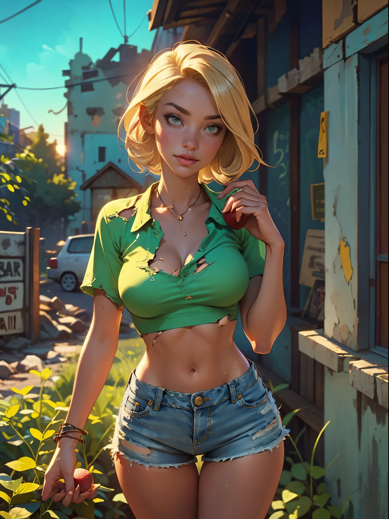 2076 year. The Urban Ruins of the Wasteland, Female huntress picking fruit in the garden, beautiful face, blonde, badly torn shirt and denim shorts ,  long legs, sweating through, sun rising, Nice warm colors, head to toe, full body shot, pretty hands, perfect fingers,