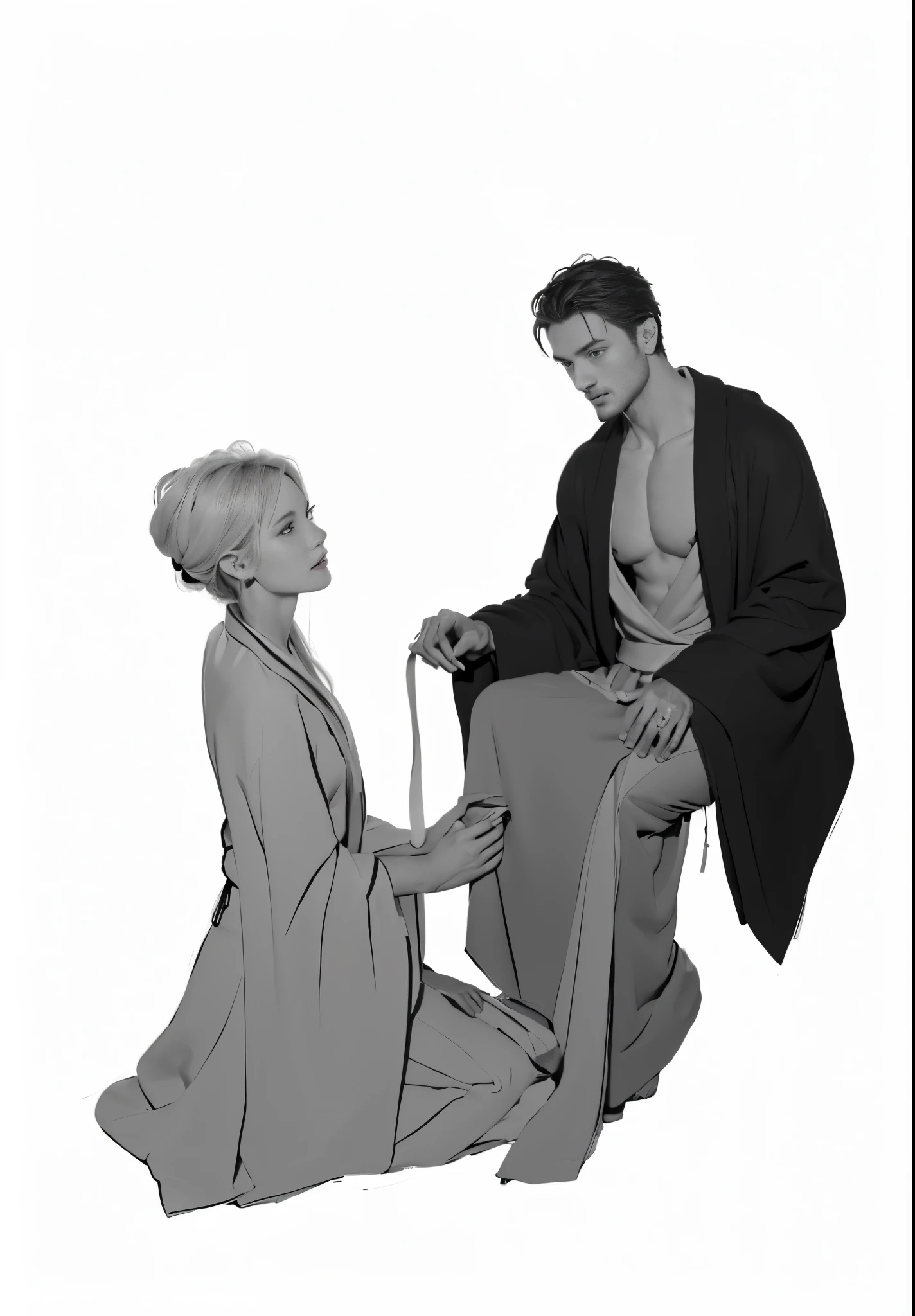 A drawing of a man kneeling next to a woman., Edmund Blair and Charlie Bowater, in a robe, Goro and Kunkle, Black-white coat!, Wear a flowing robe., ((Wear a noble robe.)), Hidari and Vlop, high quality fanart, Wearing a robe, Wear a simple robe., by Yang J