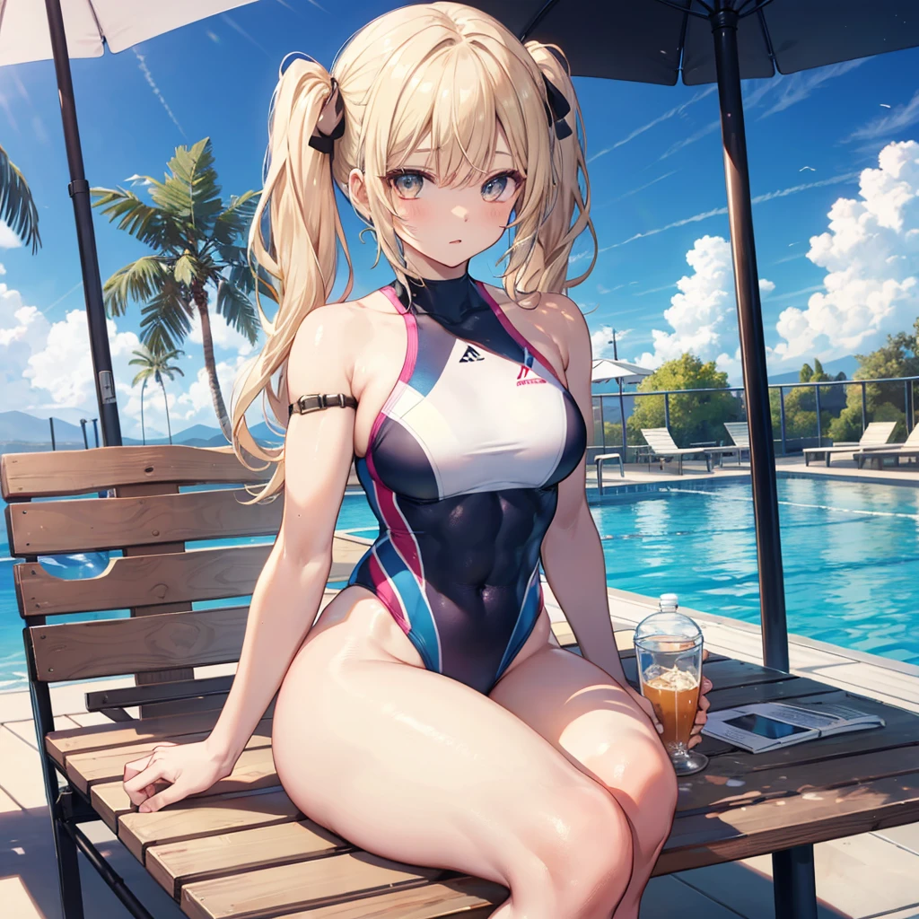 ((masterpiece))、((Top image quality))、((Top image quality))、(Illustration of one woman)、Whole human body、((30 age old))、((neuter))、((Blonde twintails))、Light golden eyes、((tall))、((Muscular and strong body))、((Muscular and strong body))、((Split abs))、((muscular and thick arms))、((muscular and thick legs))、((manspreading))、Opening legs、((Competitive swimsuit))、Sitting on a deck chair、in poolside
