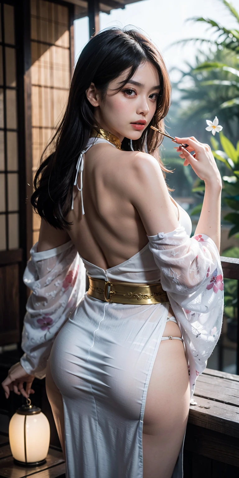 Hyper realistic super detailed sexy woman, expressions faciales sexy, seductive facial expressions, [:(Face detail: 1.4): 0.4], 16K resolution, 4k resolution, (Ventre plat parfait), (image couleur), big round ass, bubble ass, from behind, BREAK I. Outfit: Exquisite and alluring, a sleek kimono-inspired dress with a daring thigh-high slit, intricate floral embroidery, and a plunging neckline. Elaborate obi belt adorned with traditional Japanese symbols. Strappy high-heeled sandals with hints of silver and gold. Delicate silver jewelry with samurai motifs.

II. Venue: Serene garden with cherry blossoms, a tranquil koi pond, and a pagoda. Soft lanterns casting a warm glow. Bamboo archways covered in silk drapes. Incense burning, filling the air with a subtle fragrance. Mystical mist wafting around, creating an ethereal ambiance.

III. Decoration: Subdued lighting in shades of red and gold. Minimalist yet elegant furniture with a touch of traditional Japanese design. Silk curtains with intricate patterns of dragons and sakura flowers. Mirrors embellished with samurai motifs. Fragrant candles scented with sandalwood and jasmine. BREAK, looking at viewer, masterpiece, best quality, highly detailed, desire, blush, (Beautiful and detailed eyes description), (beautiful and detailed face), Perfect female body, (Best Quality), (ultra-detailliert), (masuter piece), (hight resolution), (Original), (the Extremely Detailed CG Unity 8K Wallpapers)