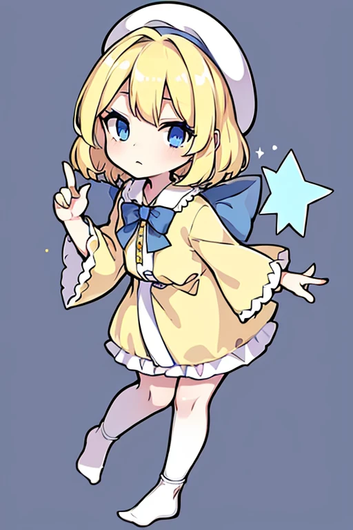 yellow  hair，robe blanche，e Blue Eyes，Star Accessories，Blue bow tie，White beret（Comes with a blue bow），starryskybackground，Q version，stand up，full body Esbian, hide fingers