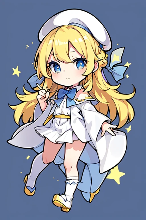 yellow  hair，robe blanche，e Blue Eyes，Star Accessories，Blue bow tie，White beret（Comes with a blue bow），starryskybackground，Q version，stand up，full body Esbian, hide fingers