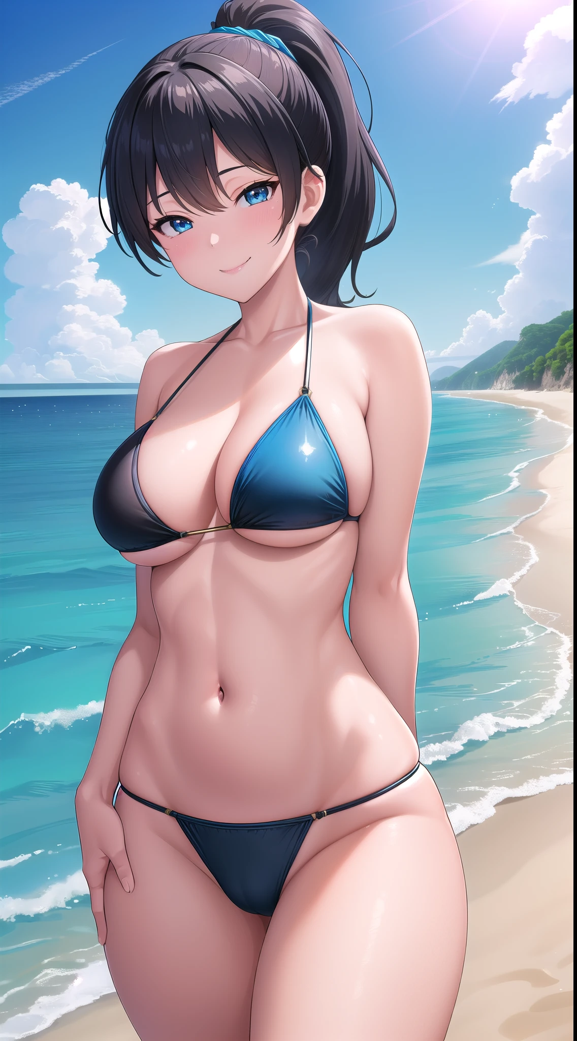 (best quality:1.5, highres, UHD, 4K, detailed lighting, shaders), black ponytail, large breasts, blue bikini, crotch, thighs, sexy, ecchi, seductive, (pov, close shot), standing, beach background, smiling