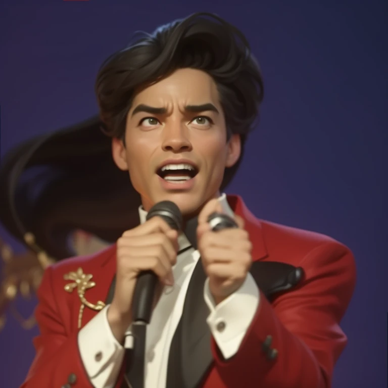 A man,keep the consistency of action,expression,Masculinity，clothingshape and appearance
of the photo,Sino American mixed race，Red performance dress，Singing with a microphone in one hand and pointing forward with the other finger，--No glasses，Medium Close-Up，3d character from Disney Pixar,superdetail,blender soft lighting, ip, blind box, cinematicedge lighting, romanticedge lighting,