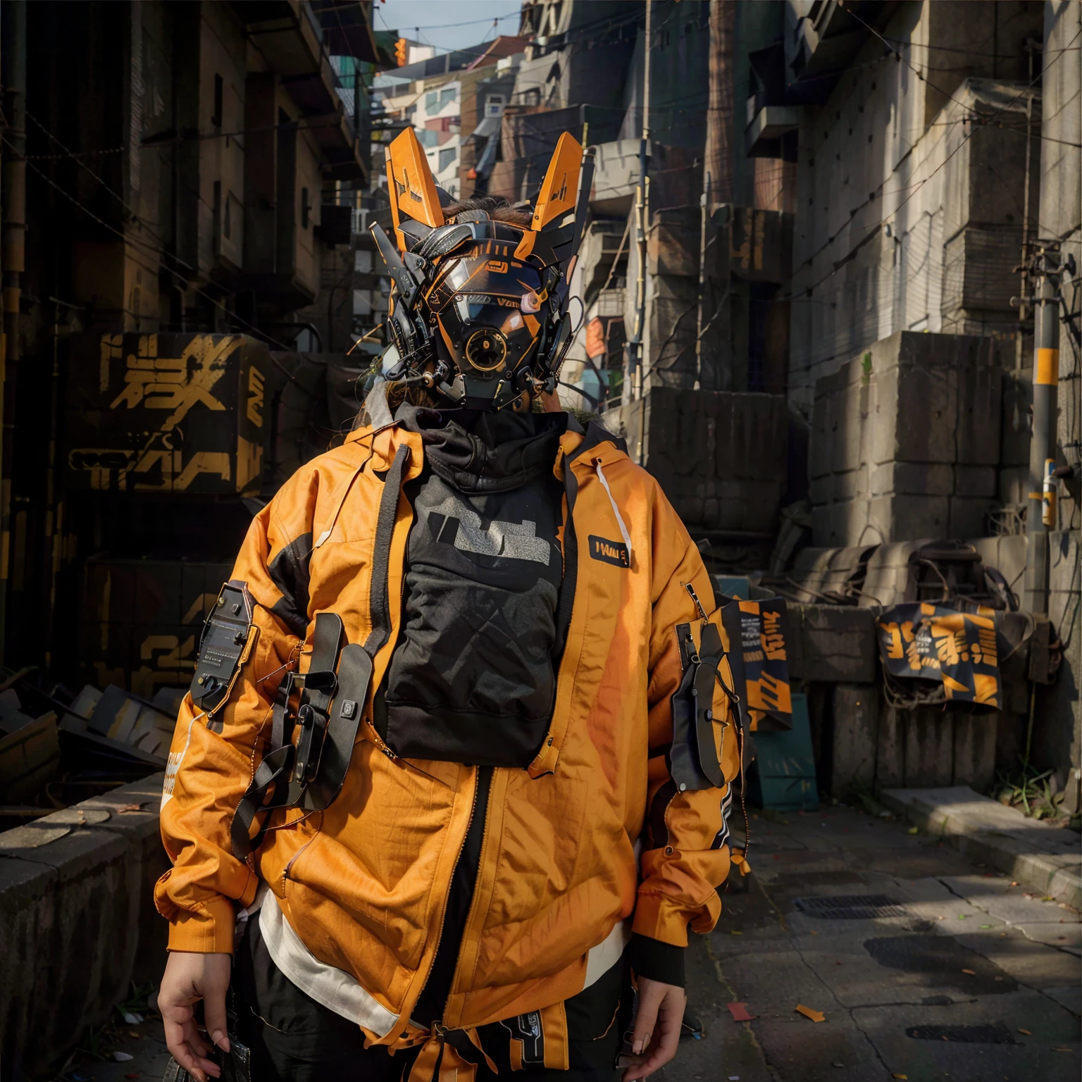 (original: 1.2), masterpiece, best quality, a woman with a fantastic cyberhelmet, wearing a orange techwear jacket, on the street
