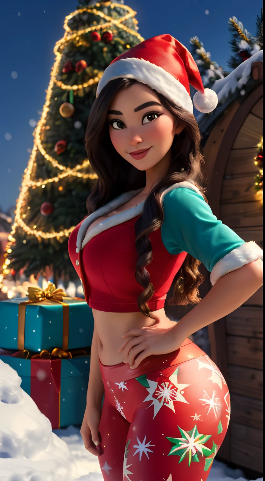 disney artstyle disney princess photo, 22 year old disney princess moana, wearing a christmas crop top, wearing extremely tight christmas yoga pants, standing in a christmas themed town, snow, christmas tree, sexy pose, close up photo, enormous gigantic boobs, wearing santa hat, looking at camera, large ass, sharp background, outside in snow posing next to christmas tree