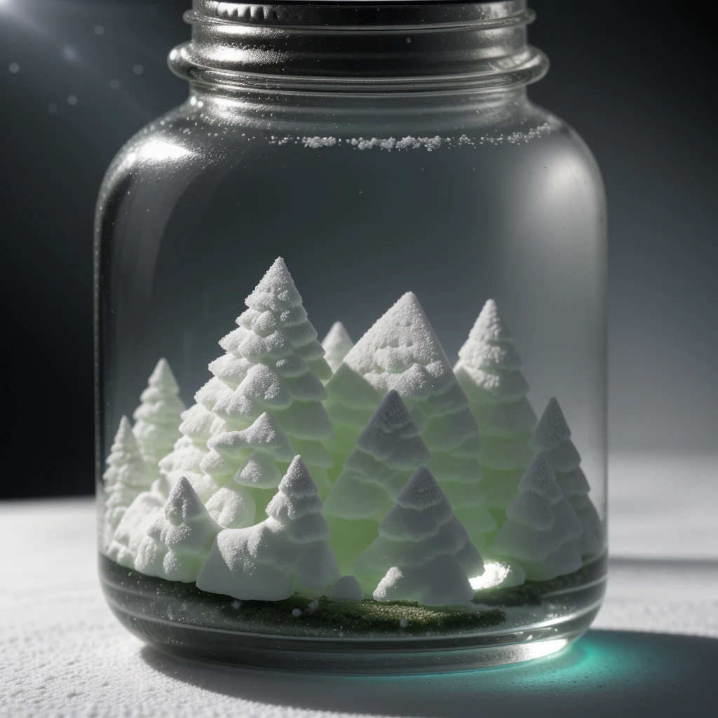 (An intricate minitown Matera landscape tucked in a jar with lid), atmospheric greenish lighting, Realism, film grain, super detail, on a white desk, it's snowing inside the jar. 4k UHD, dark vibes, hyper detailed, vibrant colors clear sky background, epic composition, octane render, sharp focus, high resolution isometric, macro photography in close-up view.