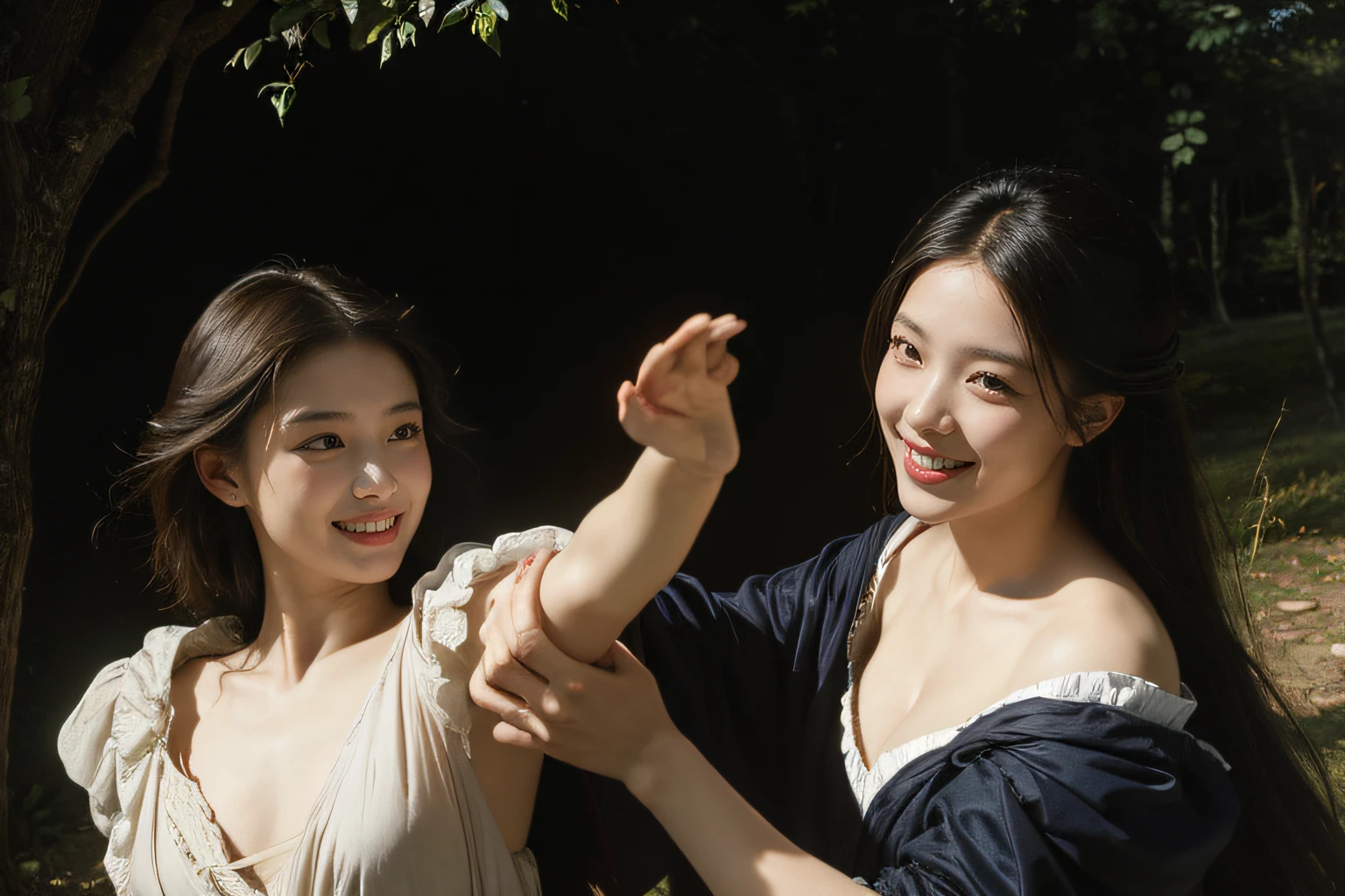Poussin-style landscape,A smile,,Sweet and seductive appearance.、Caravaggio's paintings、Chiaroscuro of Caravaggio、Hair disheveled in the wind,Two women frolicking,Cute smile, Expression of ecstasy