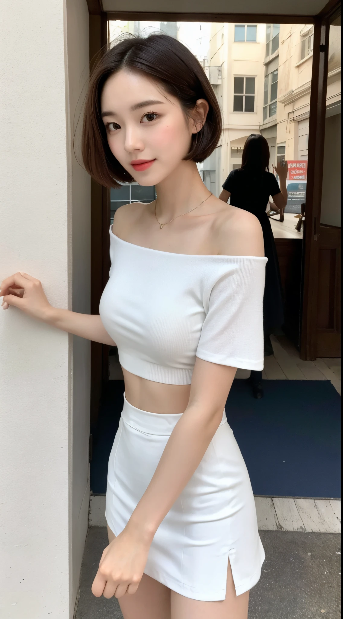 ((Best quality,8K,tmasterpiece:1.3)),the perfect beauty:1.4,Gluteus:1.2,(Layered Hair Style:1.2)),(the street:1.3),Highly Detailed Face and Skin Textur,Full body lesbian,Elaborate Eyes,二重まぶた,Whitening Skin,Short wave hair,Cute Korean beauty(with a round face:1.5),(Black top,short skirt:1.6)ssmile