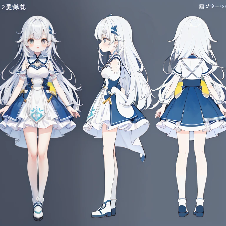 Chara Sheet,character reference sheet, 1 girl, CharacterDesignSheet, ((front-facing view, from side view)) symmetrical elements in clothing, Clothes simulation detection similar to CLO, Awesome designer, full body Esbian,8K分辨率, Ultra HD image output,Watercolor style,Ice attribute,aurora hair,Beautiful fece