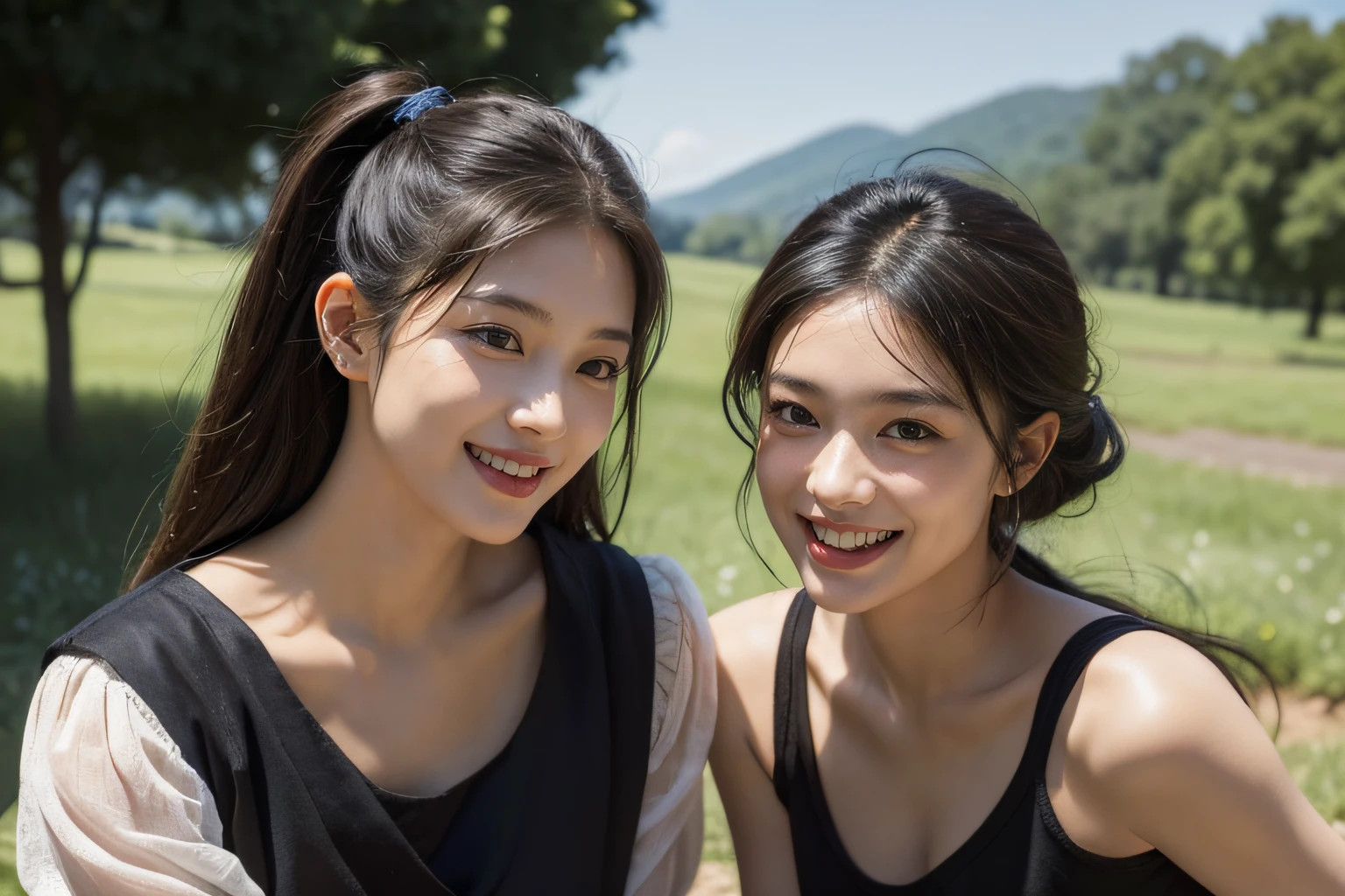 Poussin-style landscape,A smile,,Sweet and seductive appearance.、Caravaggio's paintings、Chiaroscuro of Caravaggio、Hair disheveled in the wind,Two women frolicking,Cute smile, Expression of ecstasy