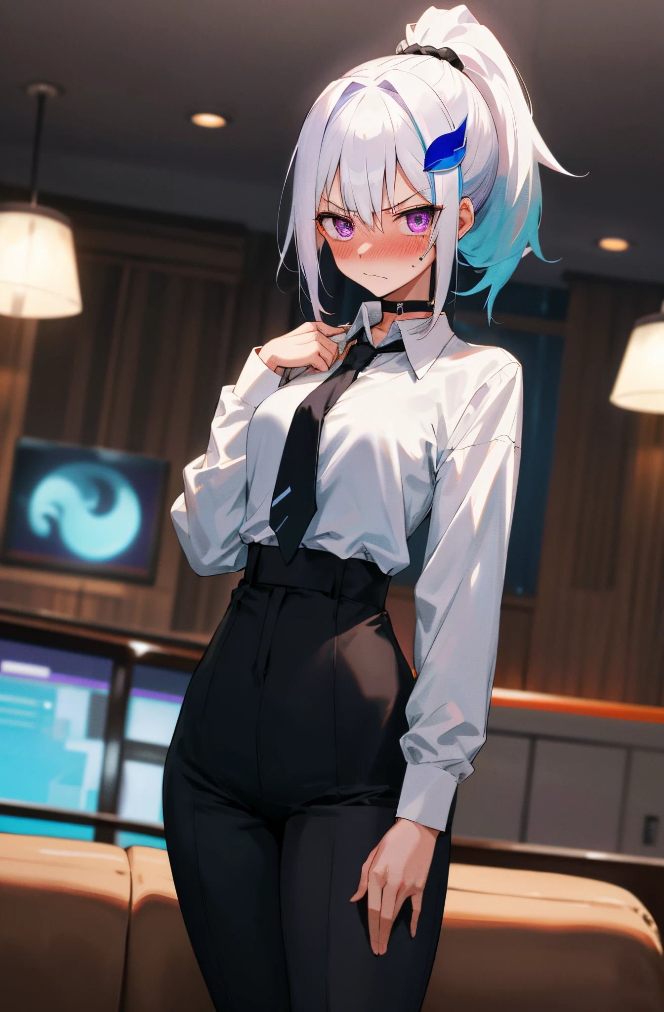 One girl with high ponytail hair, white hair, blue inner hair, purple eyes, looking at viewer, embarrassed, blushing, angry, indoor, living room, suit, white shirts, black necktie, tight black pants, tight, hips, office lady, thigh, slim, dizzy, choker, mid-chest, wide hips, perfect waist, spread legs, night atmosphere, hair ornament, standing, waist shot, butt to camera, (embarrassed:1.0)