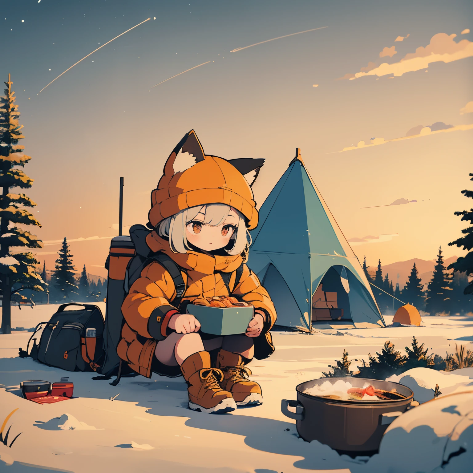 Wide illustration in a simple and muted color palette, emphasizing the chibi fox girl, inspired by 'Yuru Camp△', as she sits among an extensive collection of camping equipment, from tents to advanced cooking gear, with a vintage motorcycle adding a touch of nostalgia, all under a gently blurred starlit winter sky.