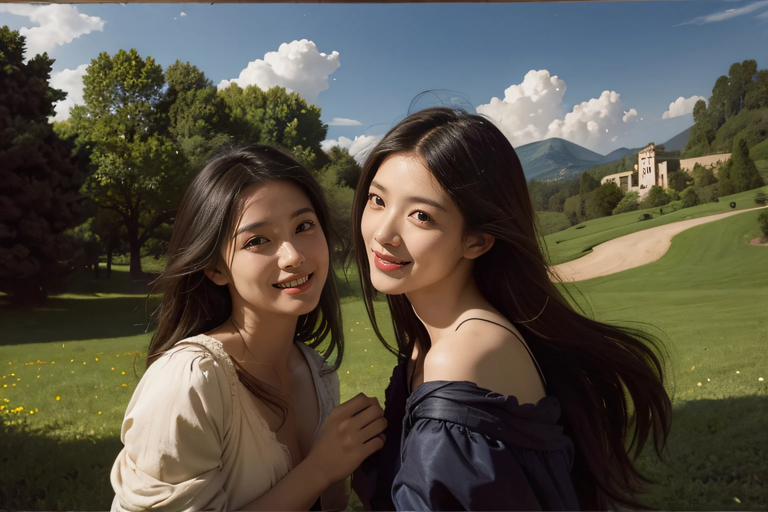 Poussin-style landscape,A smile,,Sweet and seductive appearance.、Caravaggio's paintings、Chiaroscuro of Caravaggio、Hair disheveled in the wind,Two women frolicking,Cute smile, Expression of ecstasy