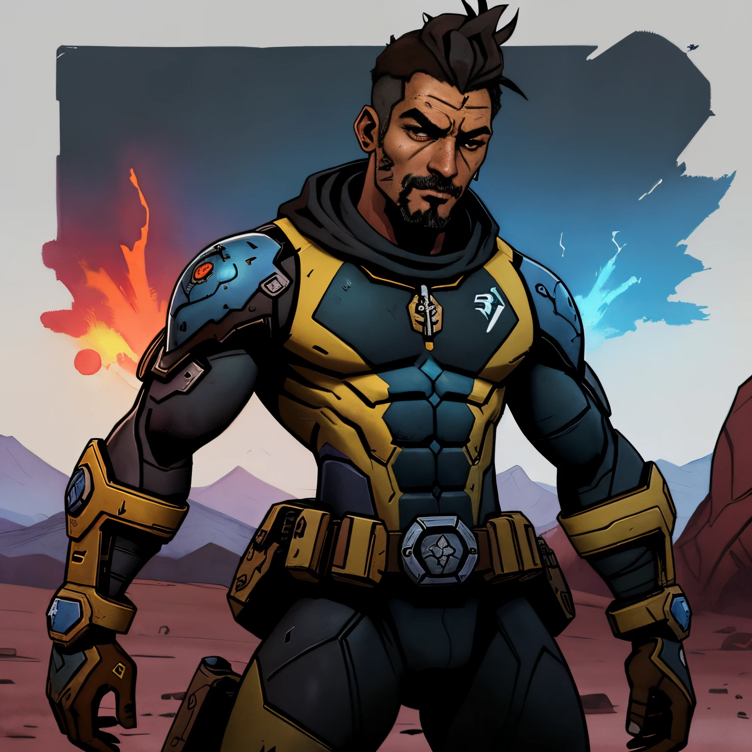 (((scientific fiction, pele negra, desenho de linha, aquarela, macho))), high definition character art, personagem do jogo Borderlands, cabelo preto curto, olhos vermelhos, homem forte, in dynamic pose, pronto para enfrentar seus inimigos, behind a futuristic desert, personagem masculino do jogo Borderlands. Esta imagem de alta qualidade, renderizada em 8K Ultra HD, mostra detalhes intrincados da cena. obra-prima aprimorada digitalmente ou pintada com requinte, scientific fiction, fronteiras, postura ativa, estilo de quadrinhos