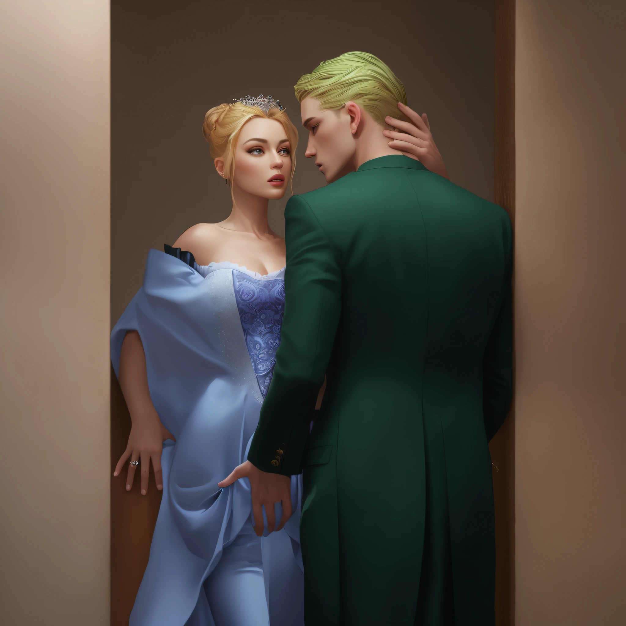 a woman with a bun on her head in a blue dress with open shoulders and a beautiful cute tiara and a man, Turning his back, he has short blond hair, he has a dark green tailcoat, woman and man together, staring at each other, Dark, Light from the Moon, Realism, describe in detail, Highly detailed, super detaill, exquisite details and textures, 8K, Best Quality, Epic Realistic, Beautiful, Ultra Detailed, ultra realisic, Realistic, intricate details, Detailed, Photorealistic, The middle of the road, Artstation, Epic Realistic, Beautiful, Ultra Detailed, ultra realisic, Realistic, intricate details, Detailed, Photorealistic, The middle of the road, Artstation, elegant, Epic Realistic, 8K, Beautiful, hypomorphic, Ultra Detailed, ultra realisic, Realistic, Detailed, intricate details, Masterpiece, Photorealistic