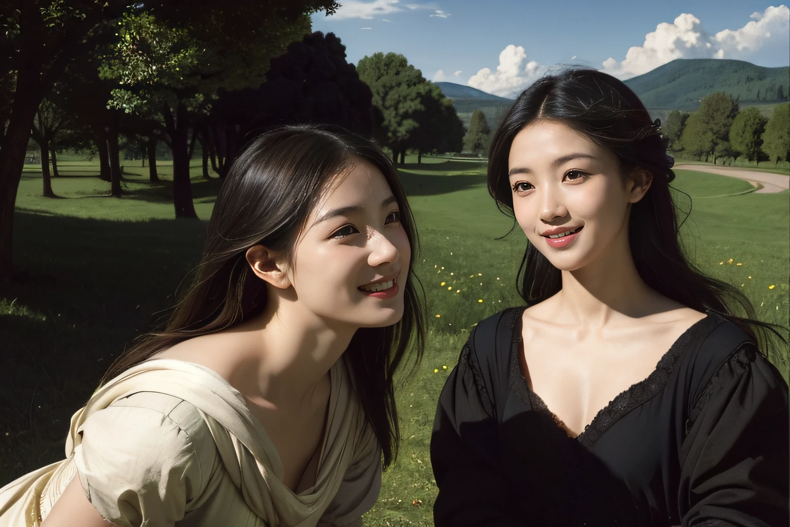 Poussin-style landscape,A smile,,Sweet and seductive appearance.、Caravaggio's paintings、Chiaroscuro of Caravaggio、Hair disheveled in the wind,Two women frolicking,Cute smile, Expression of ecstasy