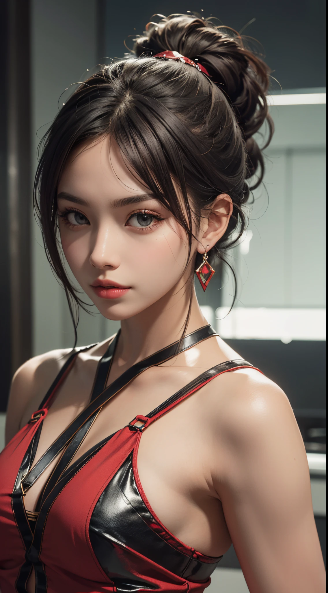 (hyper realstic)、Modern kunoichi、(Female Ninja of the 21st Century)、Beautie high-level image quality hight resolution (Realistic) Shorthair、Woman with dark hair、A MILF、Middle-aged woman、Big big、Detailed red-black 、detailed skin textures、超A high resolution、Realistic、Voluptuous body shape、angry looking face、Middle-aged beauty、Beautiful expression、With detailed red-black areola 、detailed brown eyes、long fluffy hair、Kamimei、Very delicate and detailed skin texture、35 years old、{There is a helipad at night((Being on the roof of a skyscraper))}、Modern kunoichi、Large cleavage、Large open neckline、bright red lips、Wearing a luxurious and luxurious ninja kimono in Gun Metallic、ear ornament、Silver collar and necklace、gorgeous hair decoration、